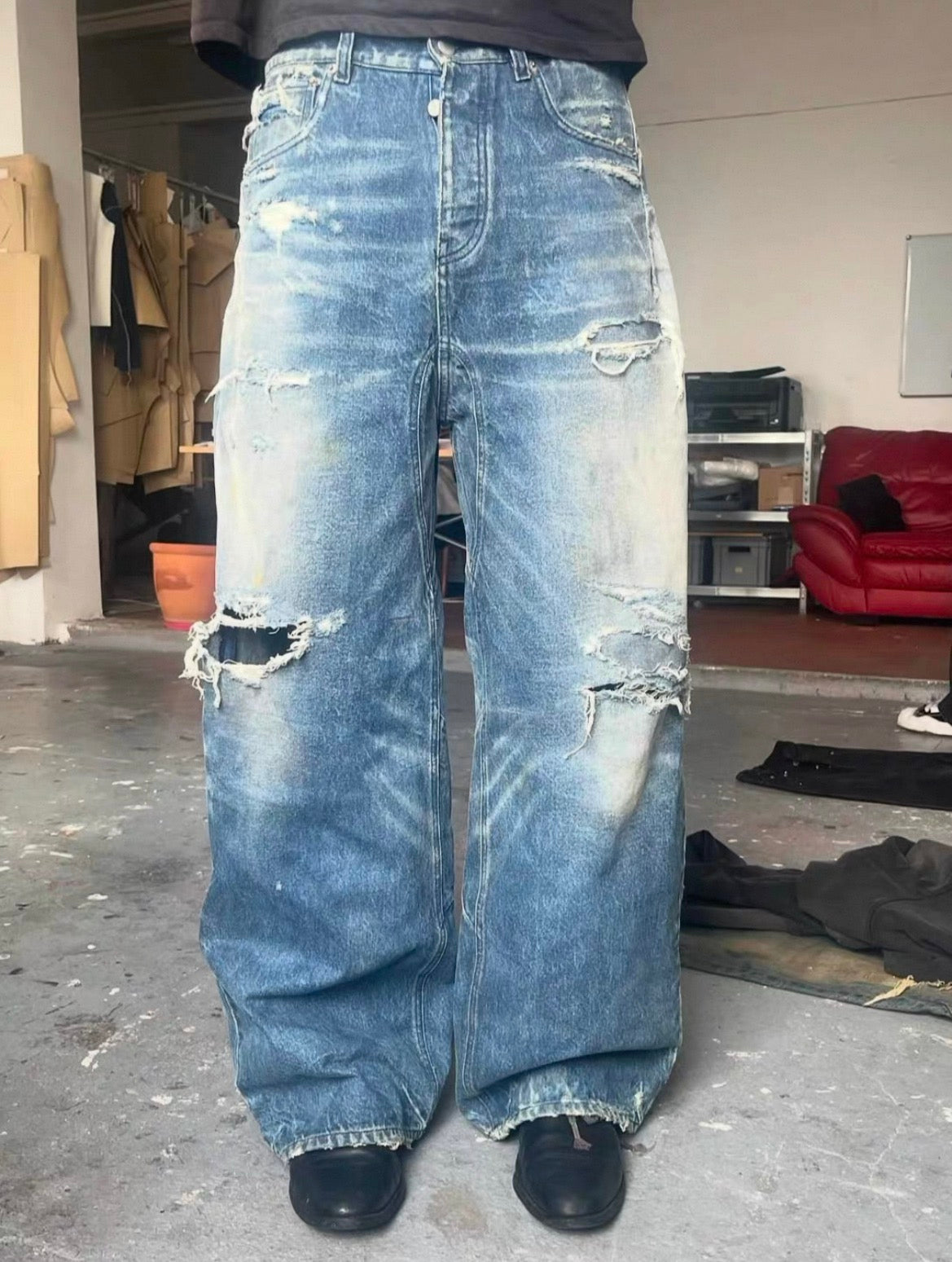 Washed Blue Vintage Ripped Knife Cut Patchwork Loose Baggy Curved Jeans Unisex