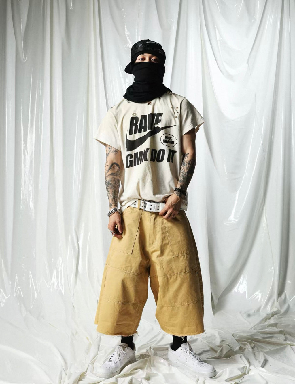 Rave Beige Acid Wash Splatter Distressed Cut Destroyed Short Sleeve T-shirt