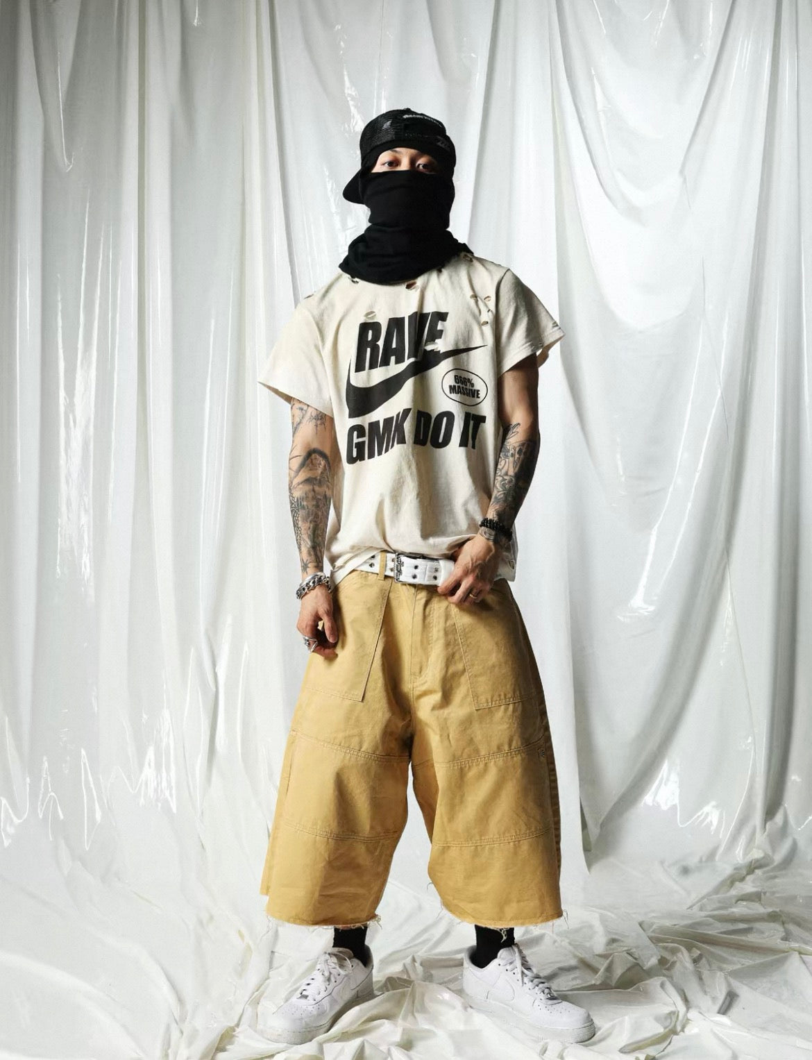Rave Beige Acid Wash Splatter Distressed Cut Destroyed Short Sleeve T-shirt