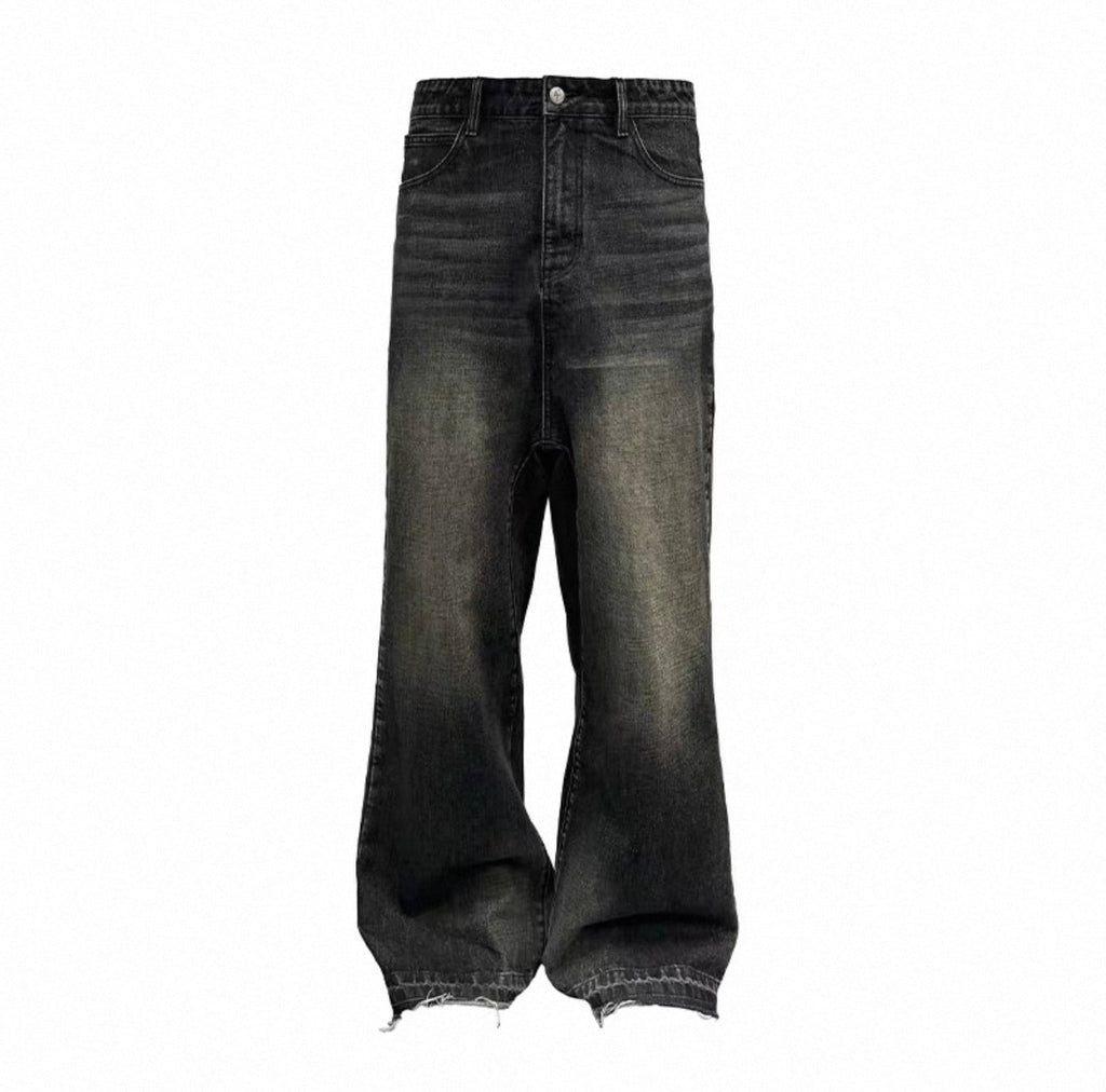 Vintage Faded Low Crotch Raw Seam Jeans Natural Whisker Unfinished Cut Hem