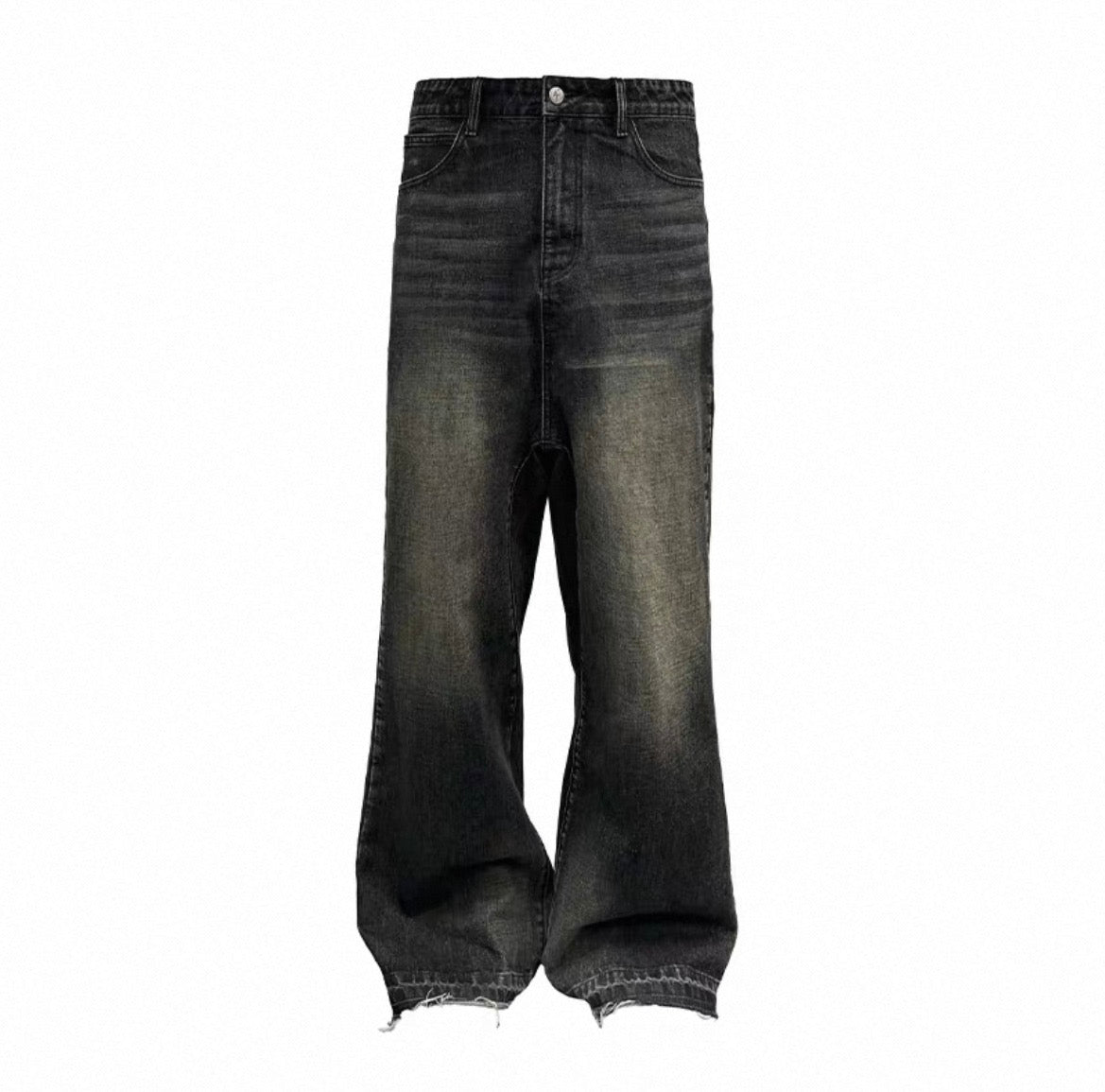 Vintage Faded Low Crotch Raw Seam Jeans Natural Whisker Unfinished Cut Hem