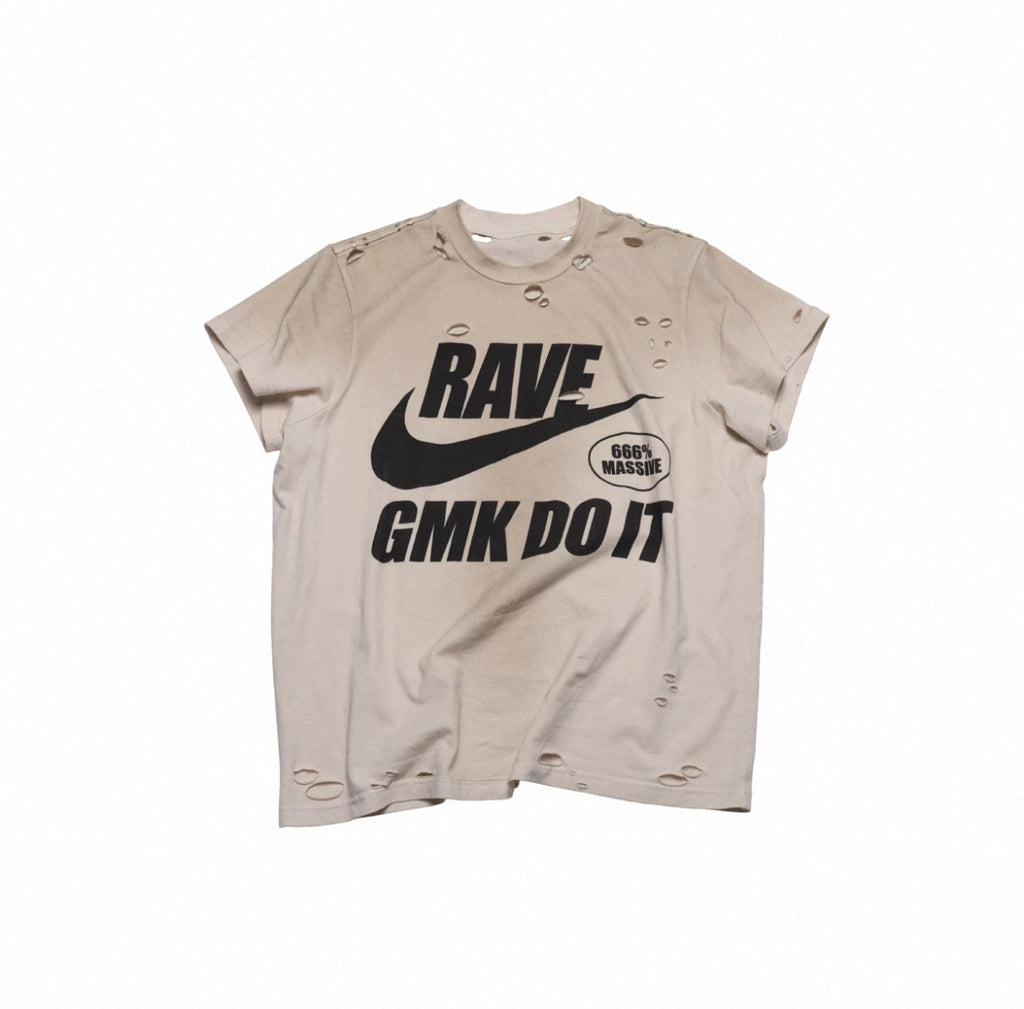 Rave Beige Acid Wash Splatter Distressed Cut Destroyed Short Sleeve T-shirt