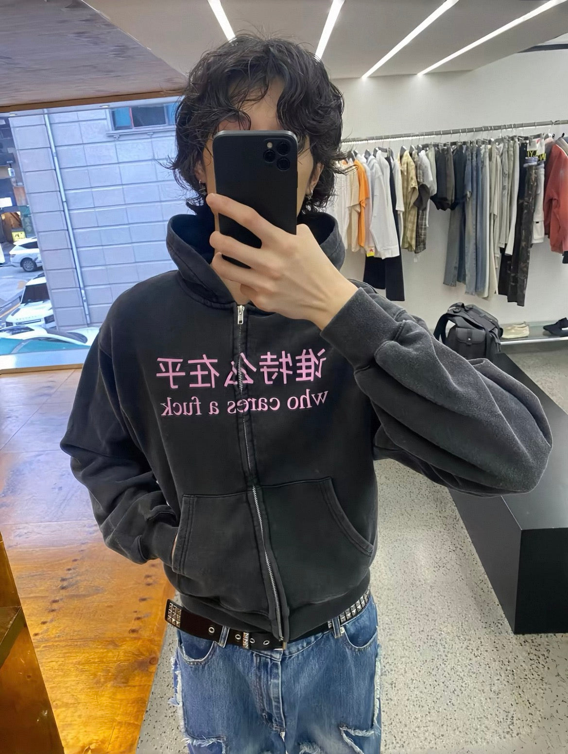 Vintage Washed Bootleg Letter Print Zip Up Hoodie Casual Streetwear Unisex