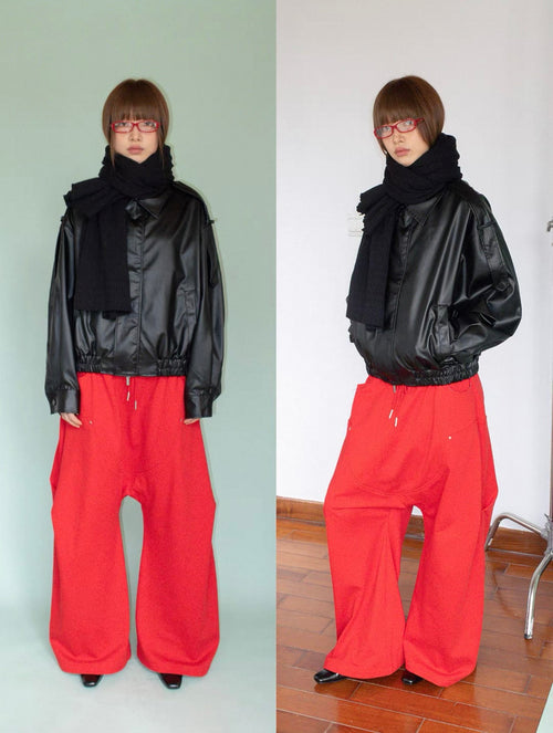 Black Loose Fit Lapel Jacket, Matte Coated Fabric with Elastic Hem