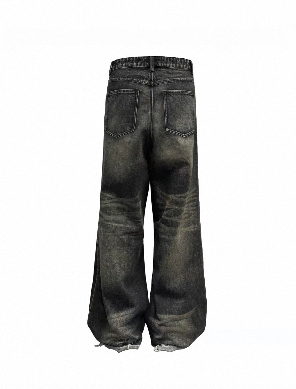 Vintage Faded Low Crotch Raw Seam Jeans Natural Whisker Unfinished Cut Hem