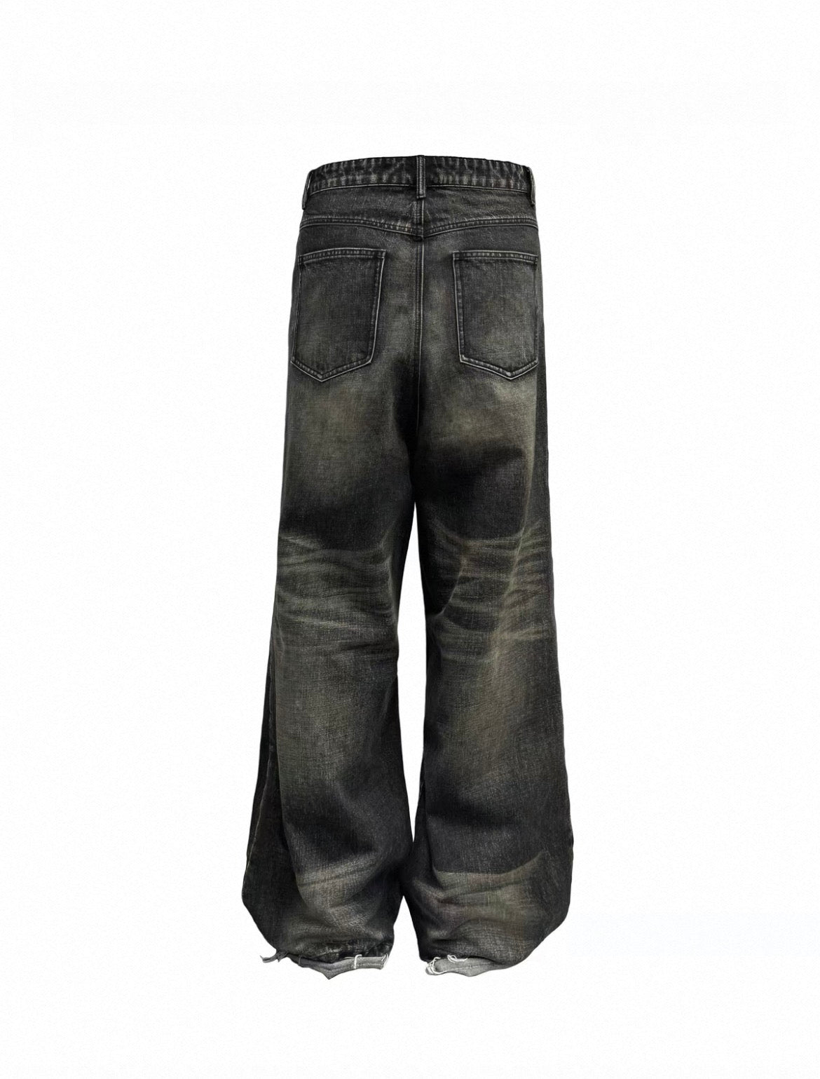 Vintage Faded Low Crotch Raw Seam Jeans Natural Whisker Unfinished Cut Hem