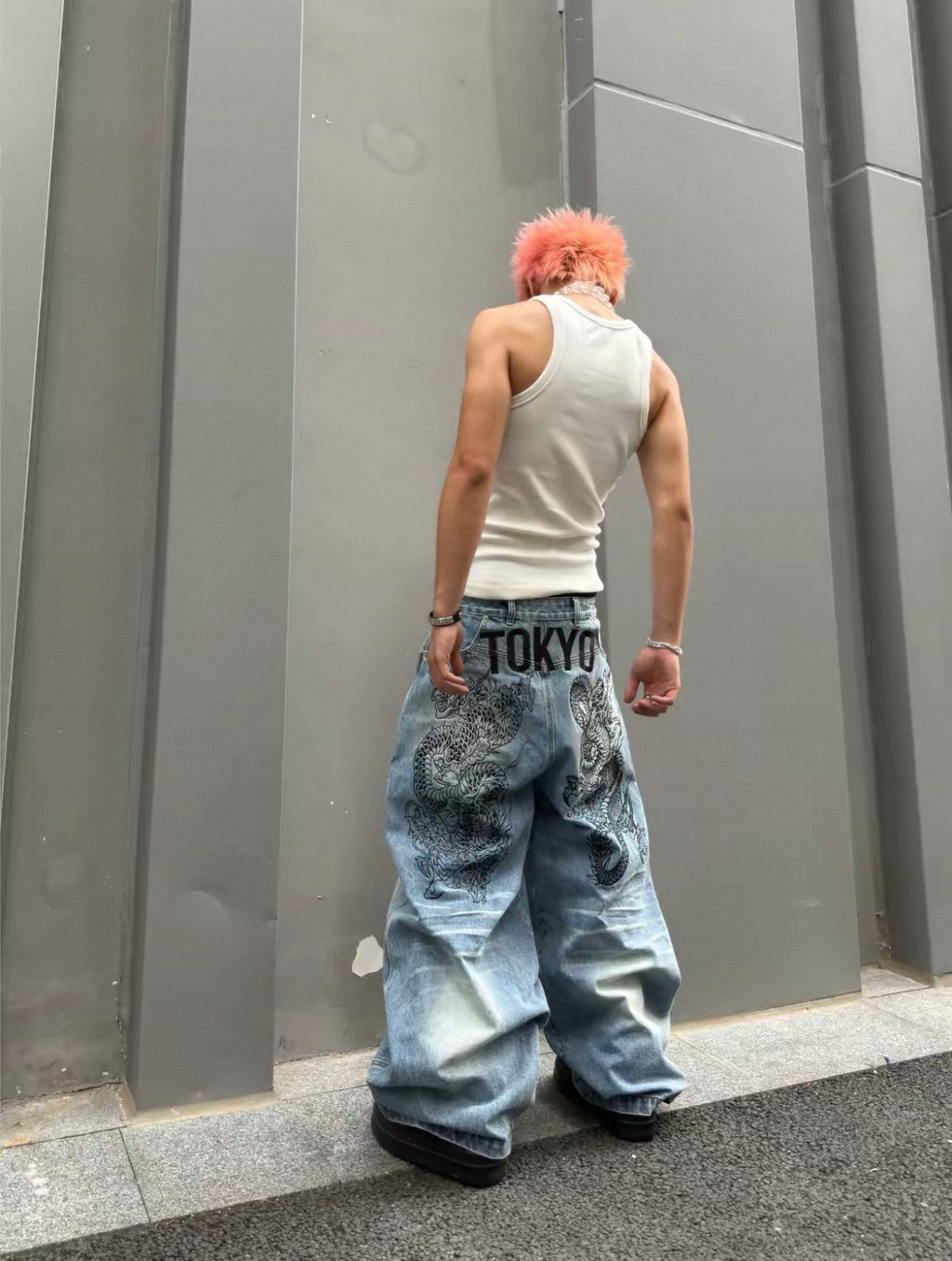 Tokyo Limited Dragon Embroidered Heavy Wash Blue Jeans