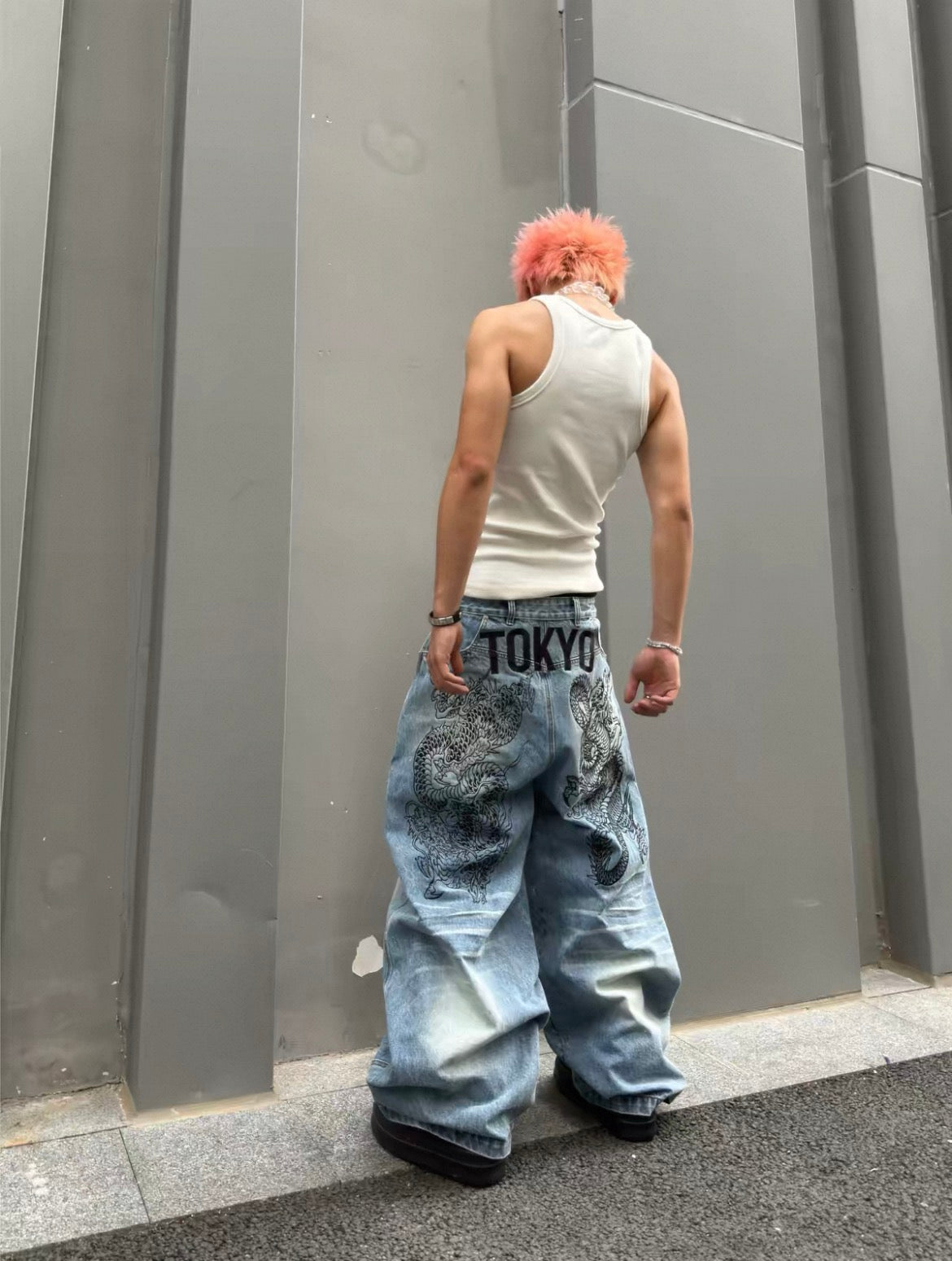 Tokyo Limited Dragon Embroidered Heavy Wash Blue Jeans
