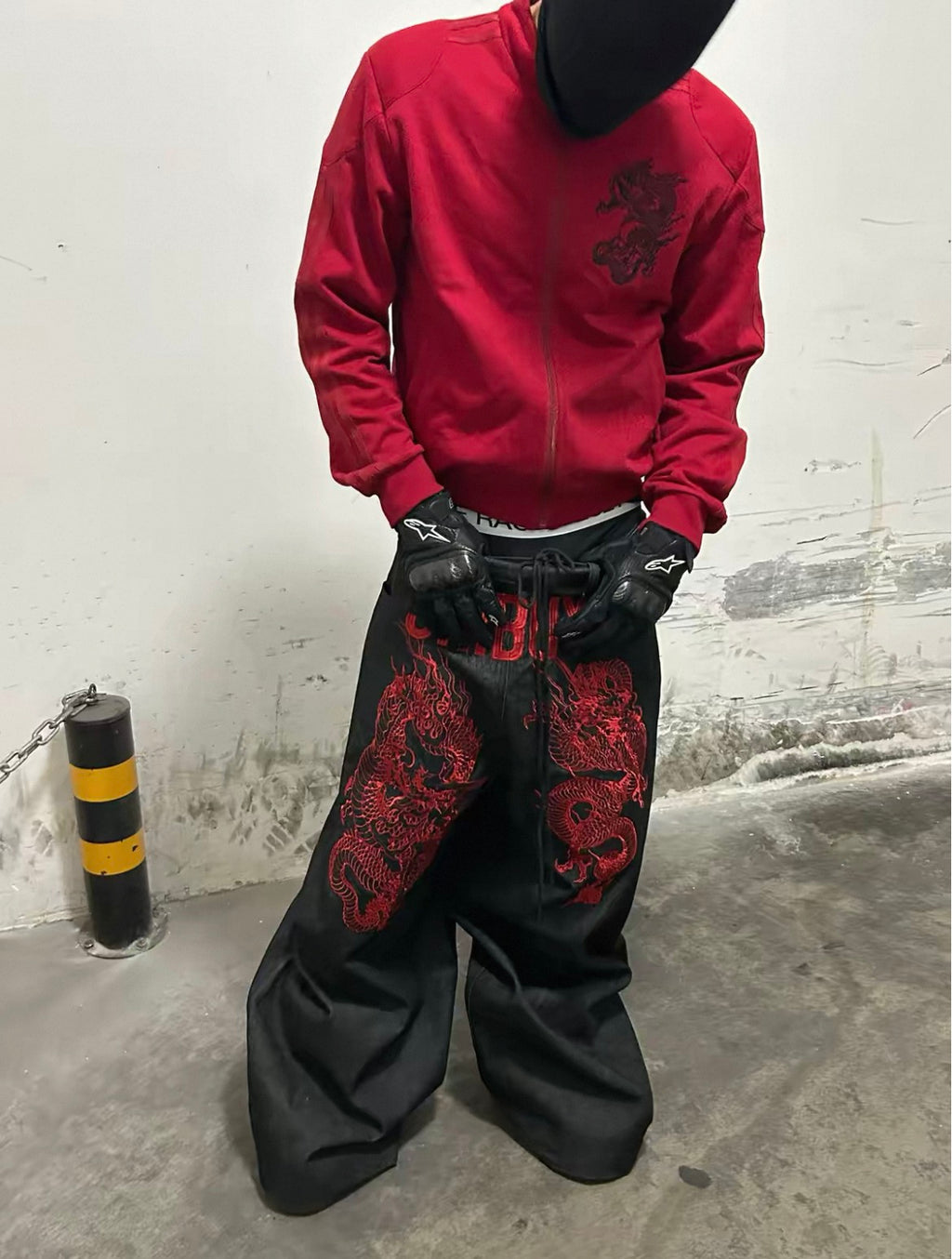Shibuya Asian Yakuza Heavy Dragon Embroidered Reversible Raw Denim Jeans Unisex