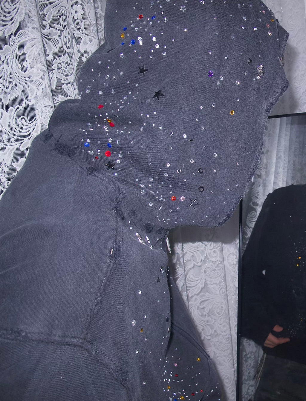 Rhinestone Star Studded Distressed Zip Up Hooded Jacket