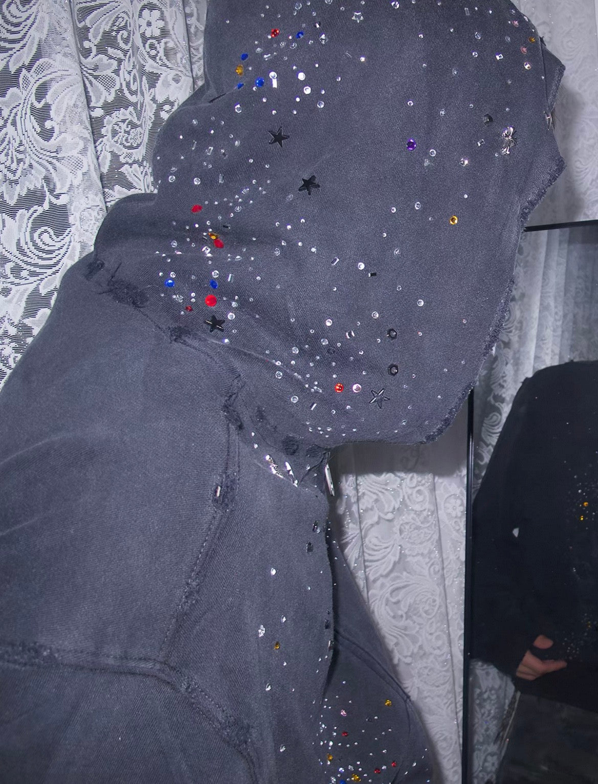 Rhinestone Star Studded Distressed Zip Up Hooded Jacket
