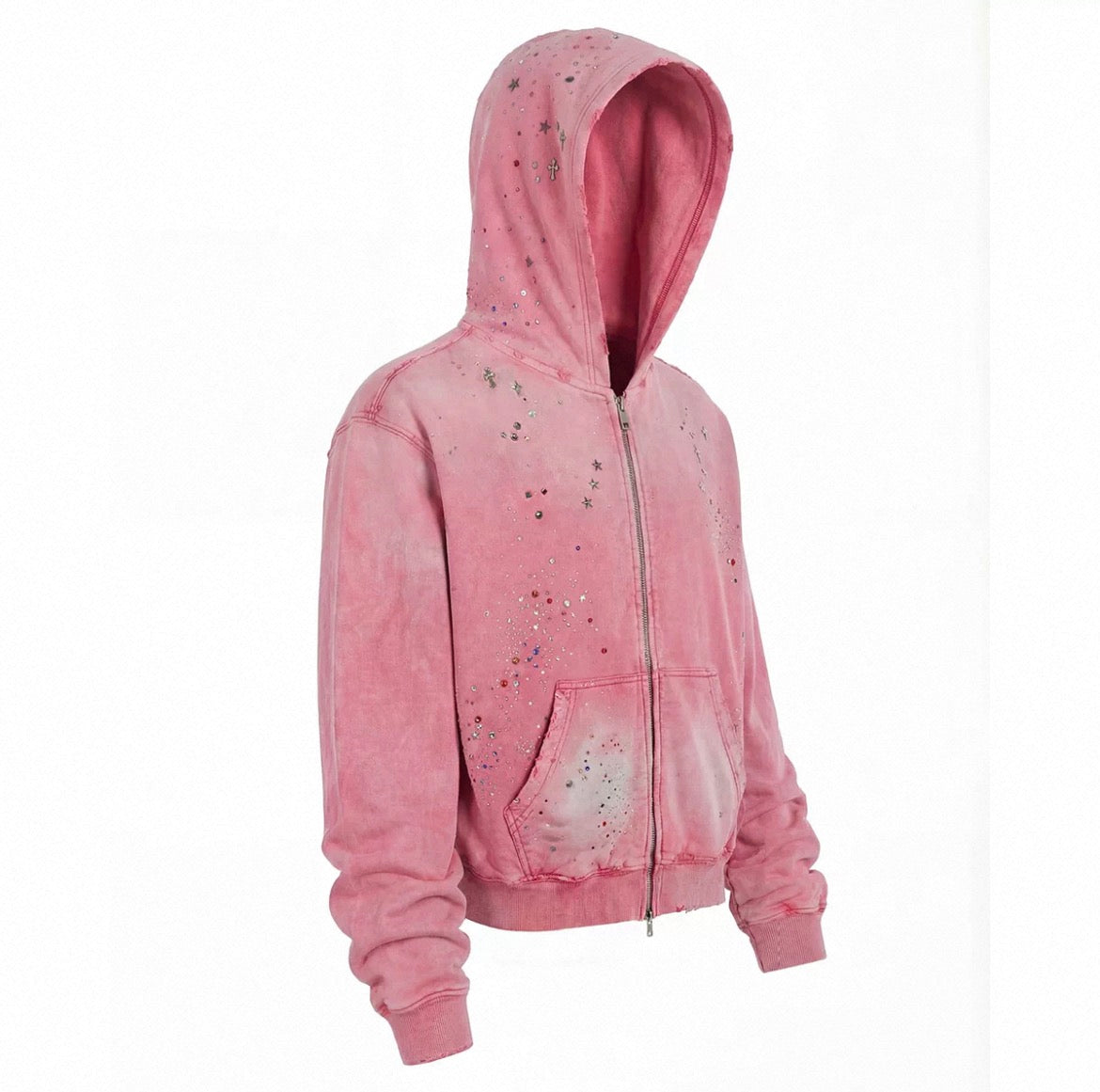 Rhinestone Star Studded Distressed Zip Up Hooded Jacket