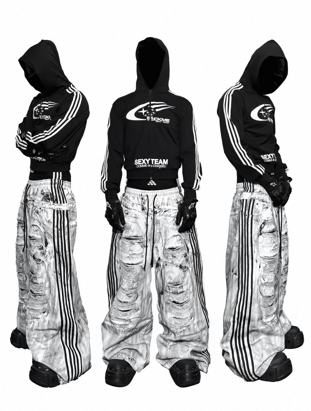 Hooligan Dirty Washed Destroyed Mesh Stripe Baggy Double Seam White Canvas Wide Leg Pants
