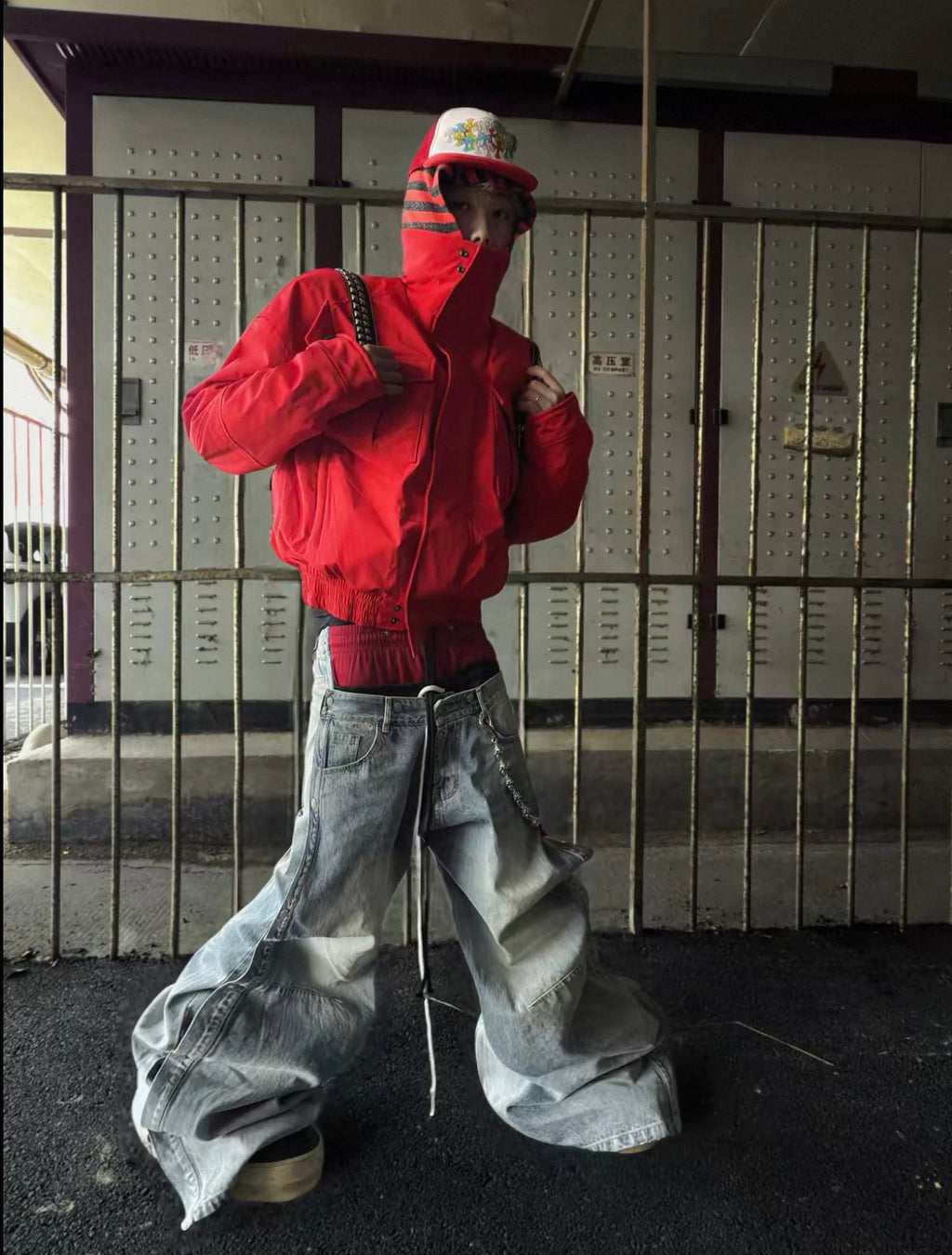 Detachable Deconstructed Multi-Waist Contrast Drawstring Washed Blue Denim Sweat Pants