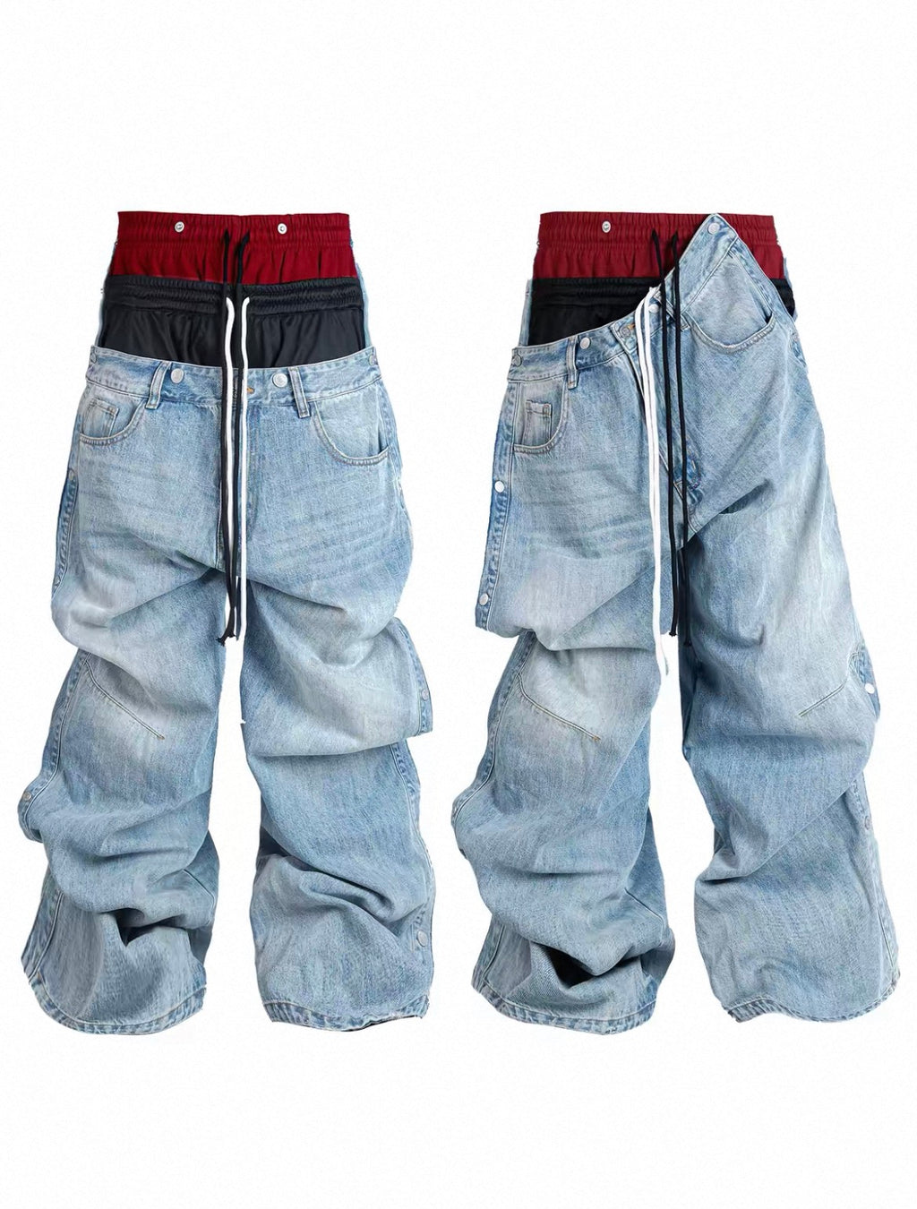 Detachable Deconstructed Multi-Waist Contrast Drawstring Washed Blue Denim Sweat Pants