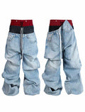 Detachable Deconstructed Multi-Waist Contrast Drawstring Washed Blue Denim Sweat Pants