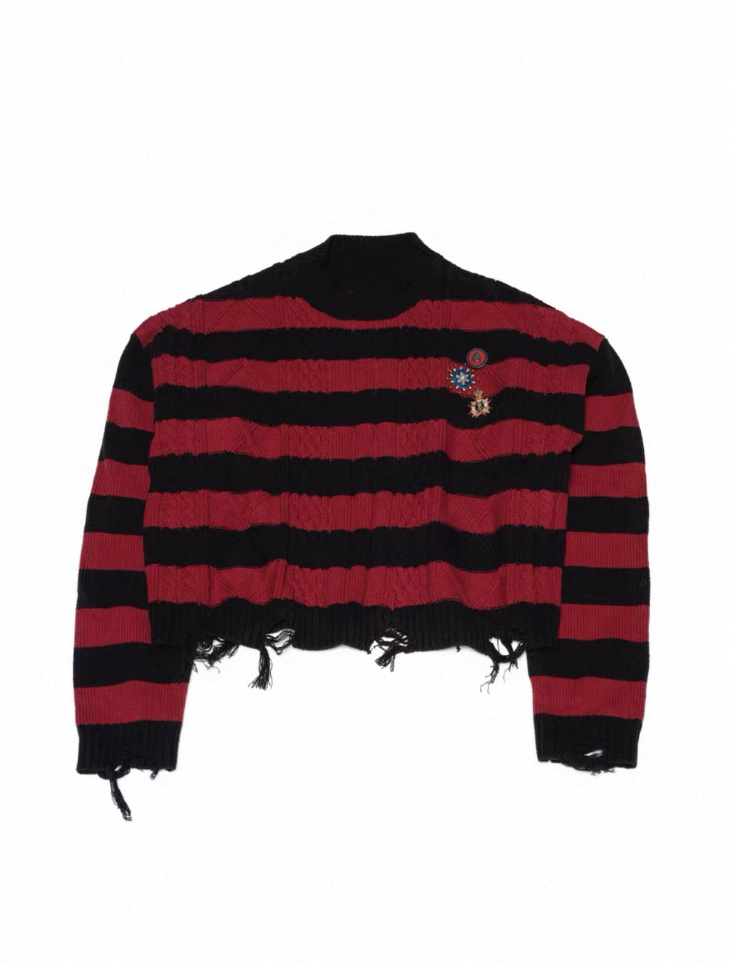 Grunge Red & Black Stripe Badge Knit Sweater, Oversized Crew Neck Pullover