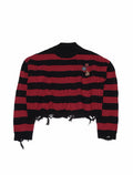 Grunge Red & Black Stripe Badge Knit Sweater, Oversized Crew Neck Pullover