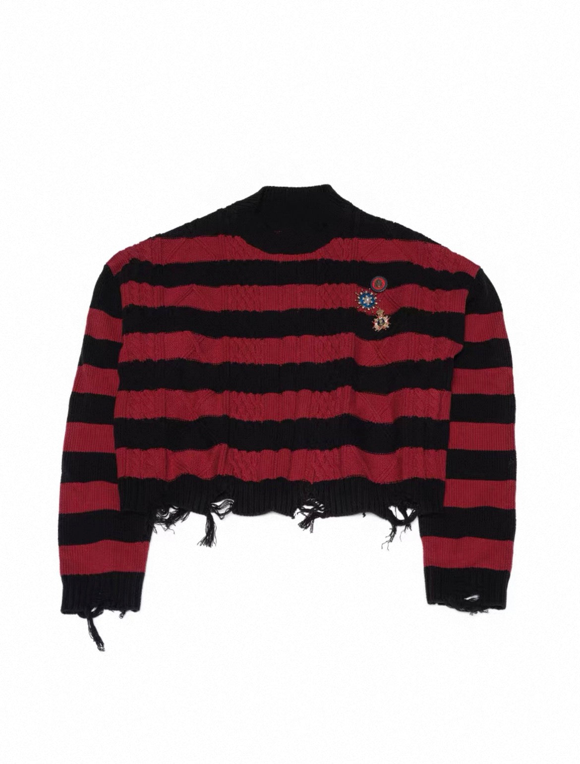 Grunge Red & Black Stripe Badge Knit Sweater, Oversized Crew Neck Pullover