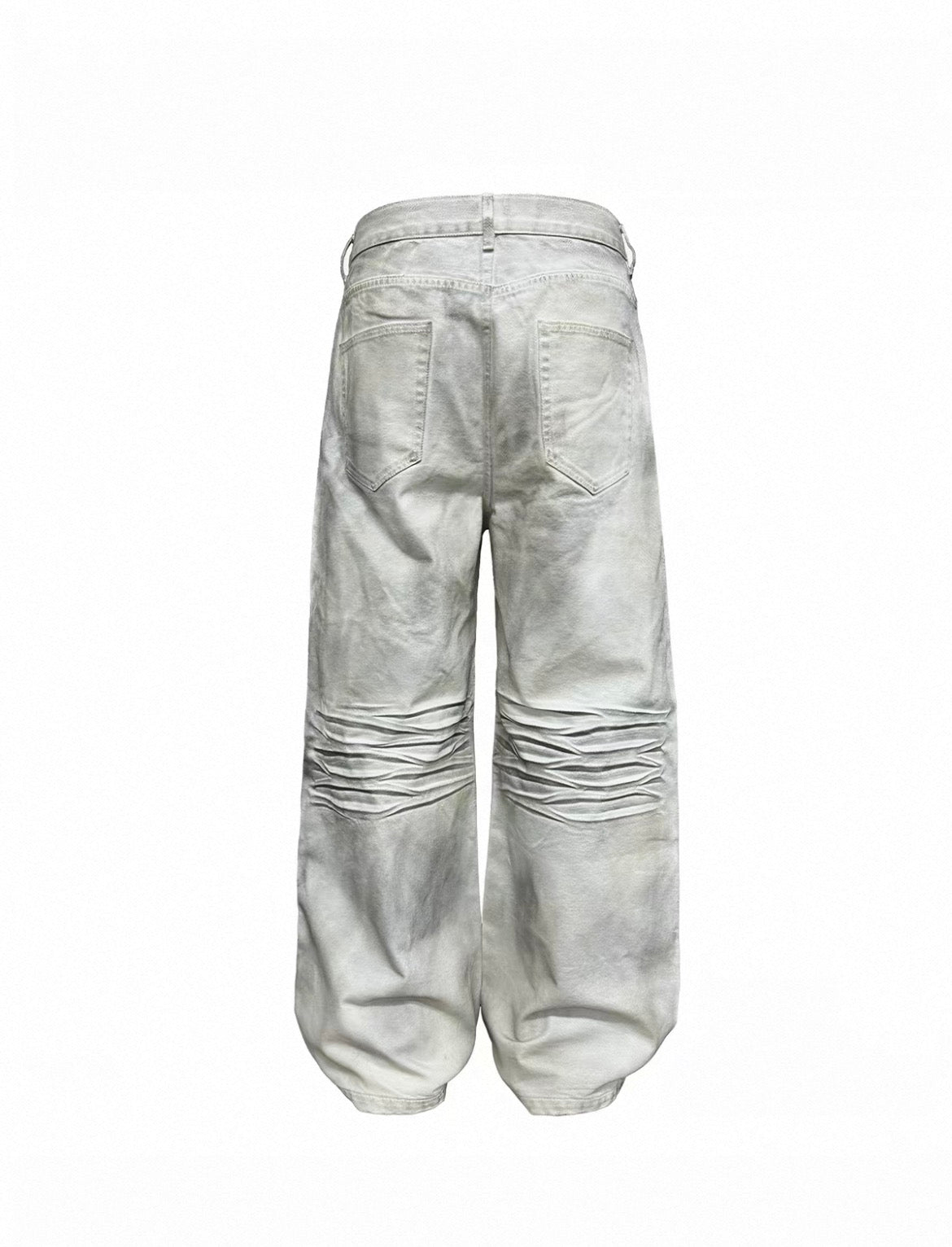 Dirty-dyed vintage white denim, natural dirty wash finish, pre-cat whisker crease detailing, straight wide-leg cut.