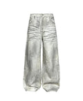 Dirty-dyed vintage white denim, natural dirty wash finish, pre-cat whisker crease detailing, straight wide-leg cut.