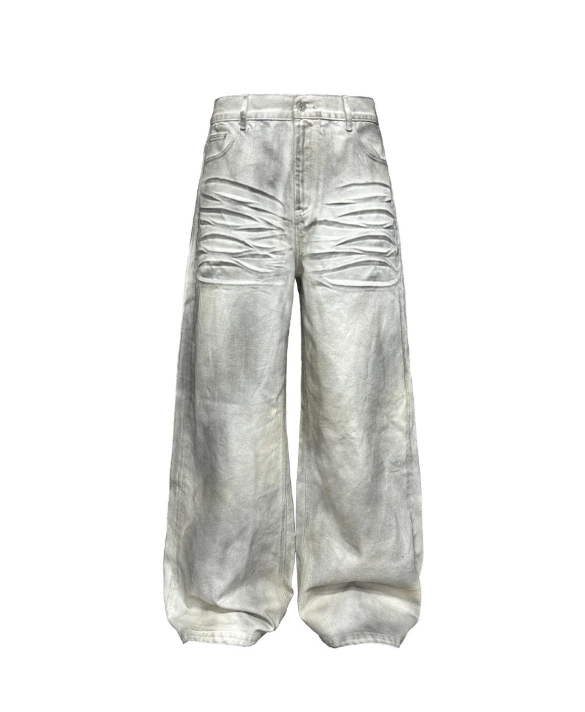 Dirty-dyed vintage white denim, natural dirty wash finish, pre-cat whisker crease detailing, straight wide-leg cut.