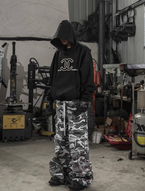 Bootleg Knife Cut Distressed Vintage Snow Black White Camo Cargo Pants Unisex