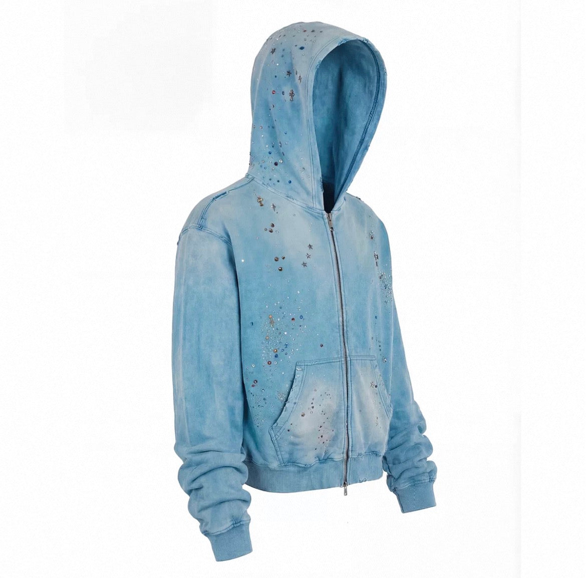 Rhinestone Star Studded Distressed Zip Up Hooded Jacket