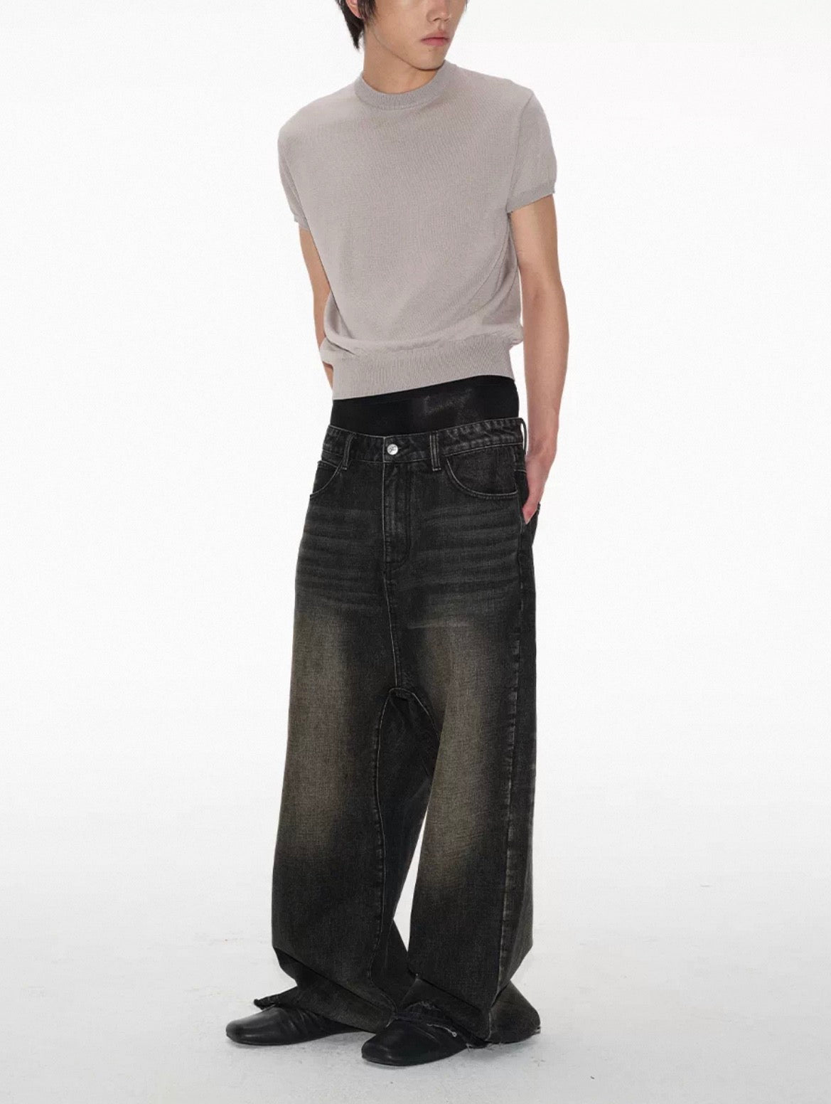Vintage Faded Low Crotch Raw Seam Jeans Natural Whisker Unfinished Cut Hem