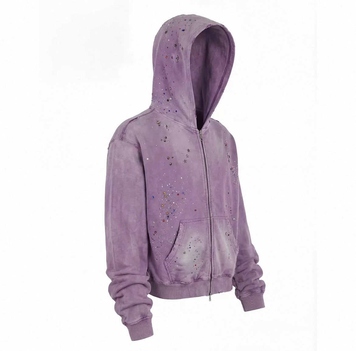 Rhinestone Star Studded Distressed Zip Up Hooded Jacket