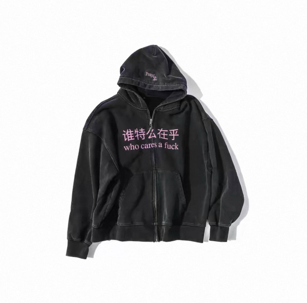 Vintage Washed Bootleg Letter Print Zip Up Hoodie Casual Streetwear Unisex