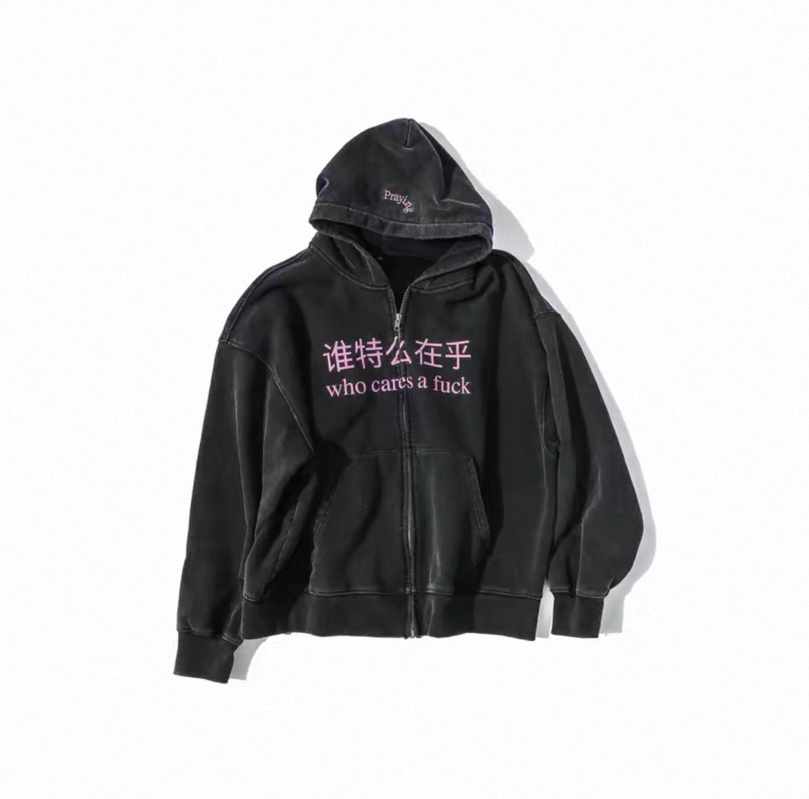 Vintage Washed Bootleg Letter Print Zip Up Hoodie Casual Streetwear Unisex