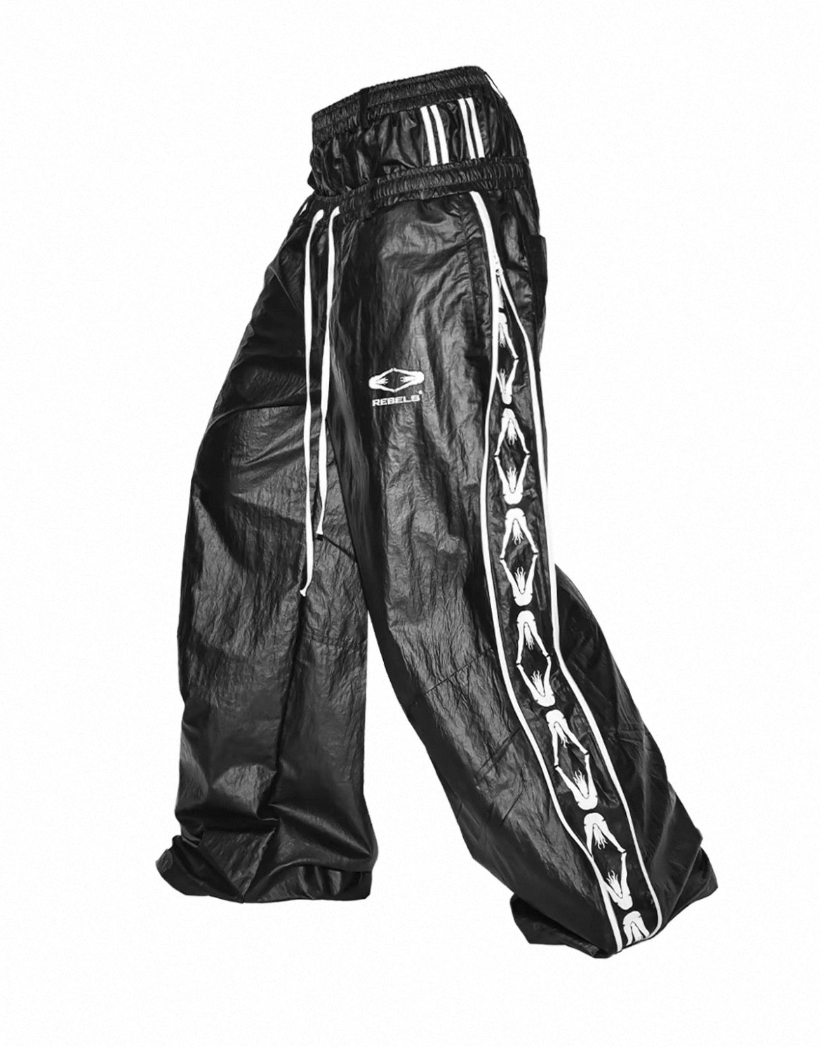 Gloss Coated Lightweight Track Pants with Side Logo Tape & Double Waistband Zipper