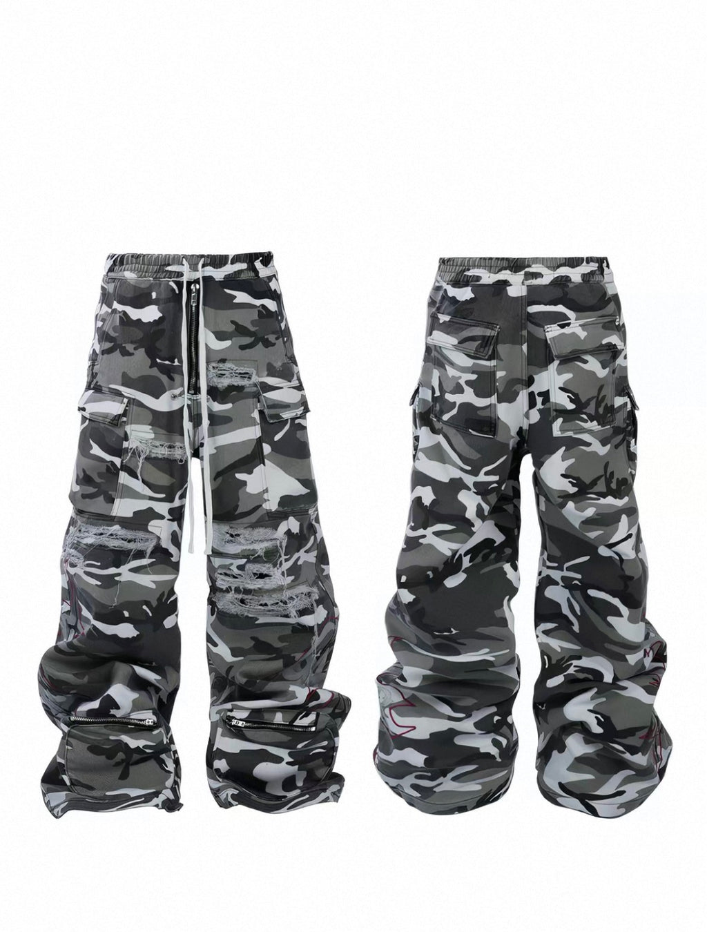 Bootleg Knife Cut Distressed Vintage Snow Black White Camo Cargo Pants Unisex