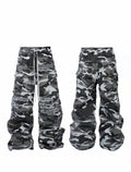 Bootleg Knife Cut Distressed Vintage Snow Black White Camo Cargo Pants Unisex