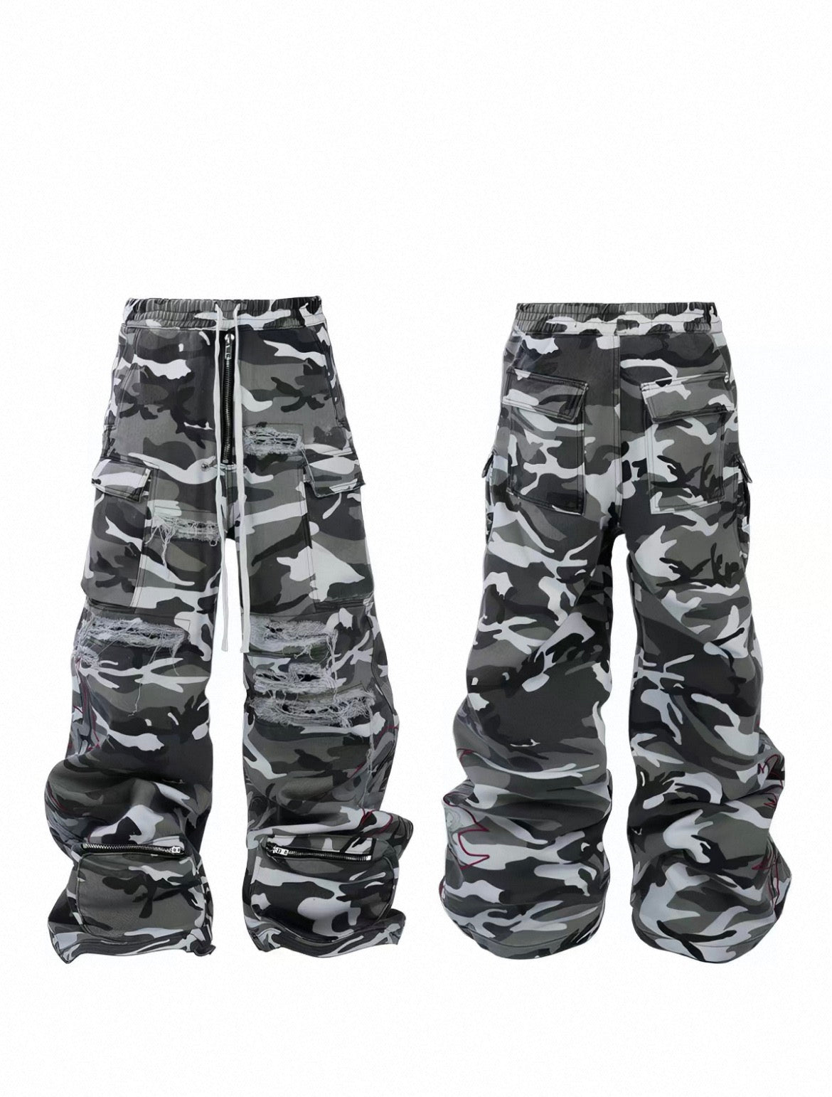 Bootleg Knife Cut Distressed Vintage Snow Black White Camo Cargo Pants Unisex