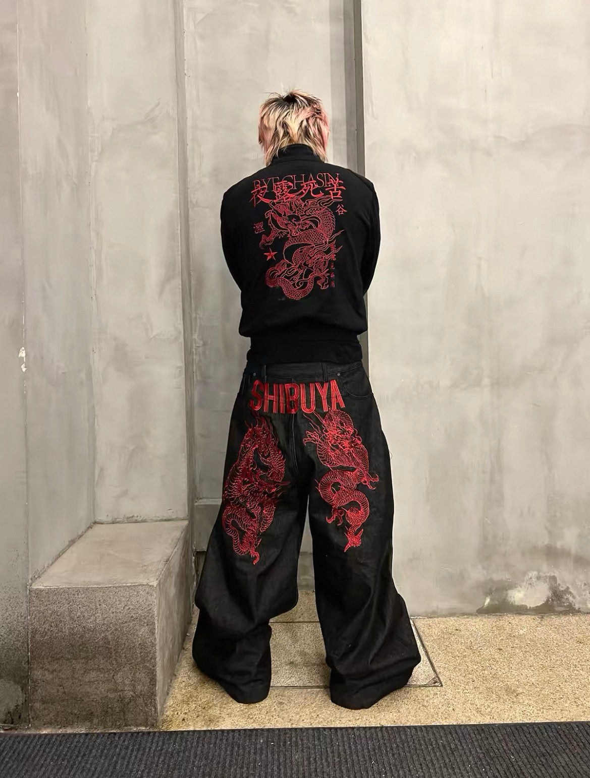 Shibuya Asian Yakuza Heavy Dragon Embroidered Reversible Raw Denim Jeans Unisex