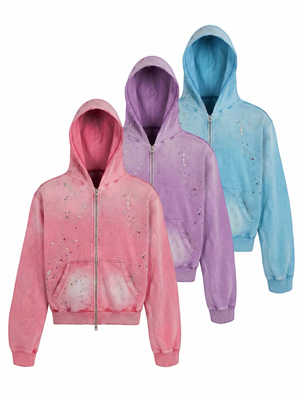 Rhinestone Star Studded Distressed Zip Up Hooded Jacket