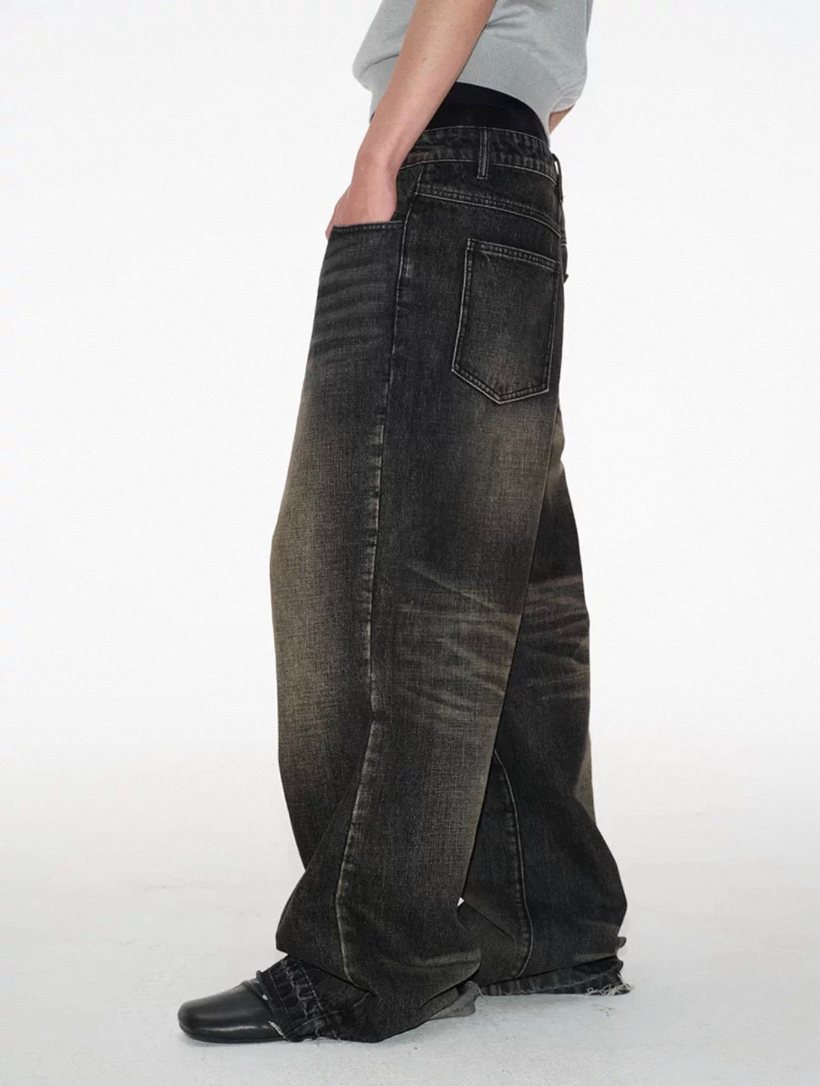 Vintage Faded Low Crotch Raw Seam Jeans Natural Whisker Unfinished Cut Hem