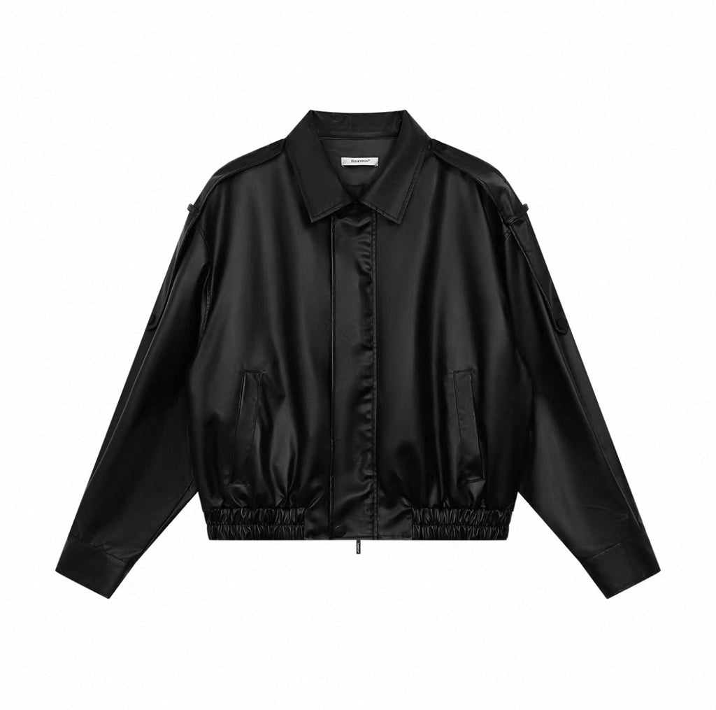 Black Loose Fit Lapel Jacket, Matte Coated Fabric with Elastic Hem