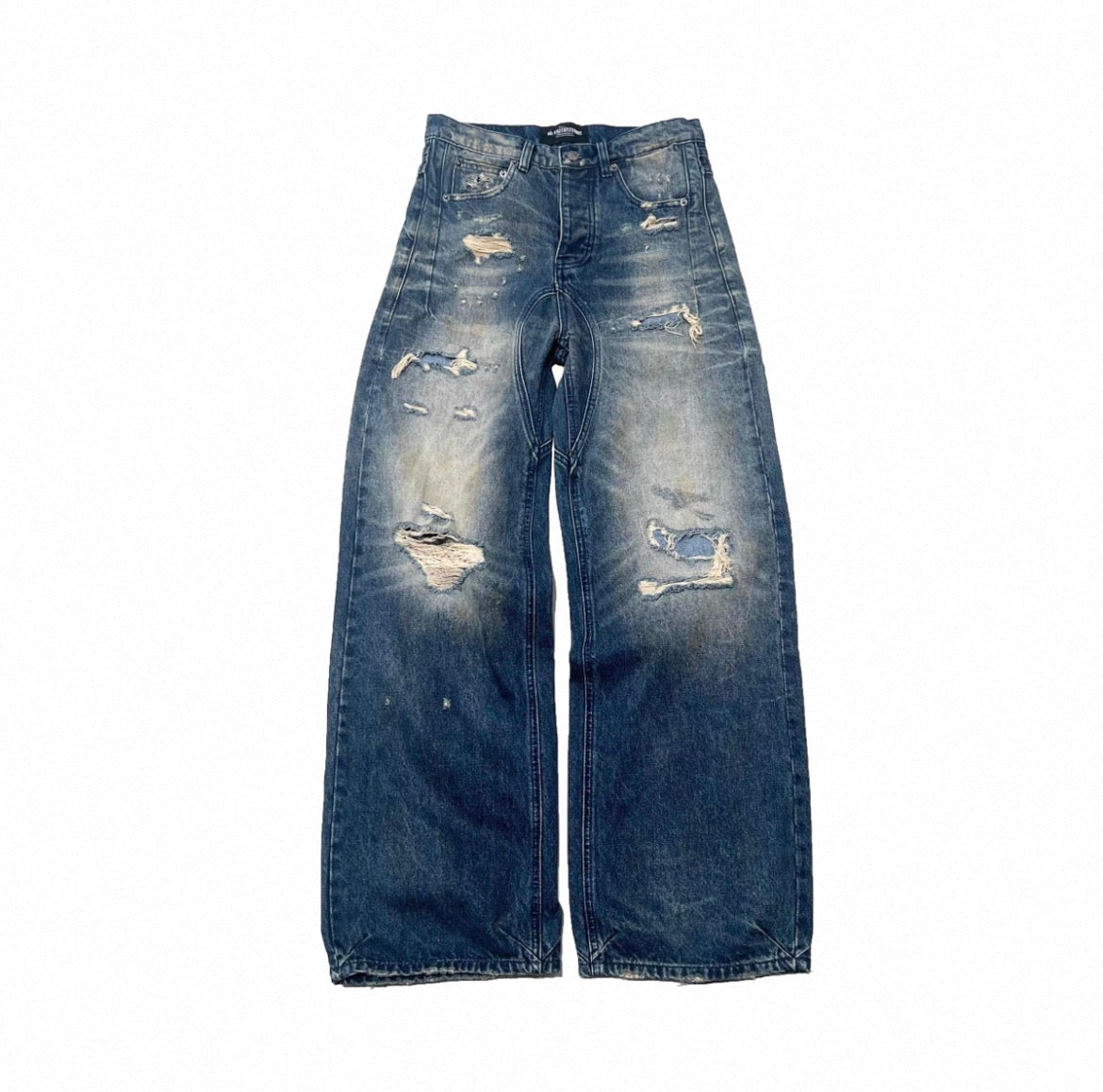 Washed Blue Vintage Ripped Knife Cut Patchwork Loose Baggy Curved Jeans Unisex