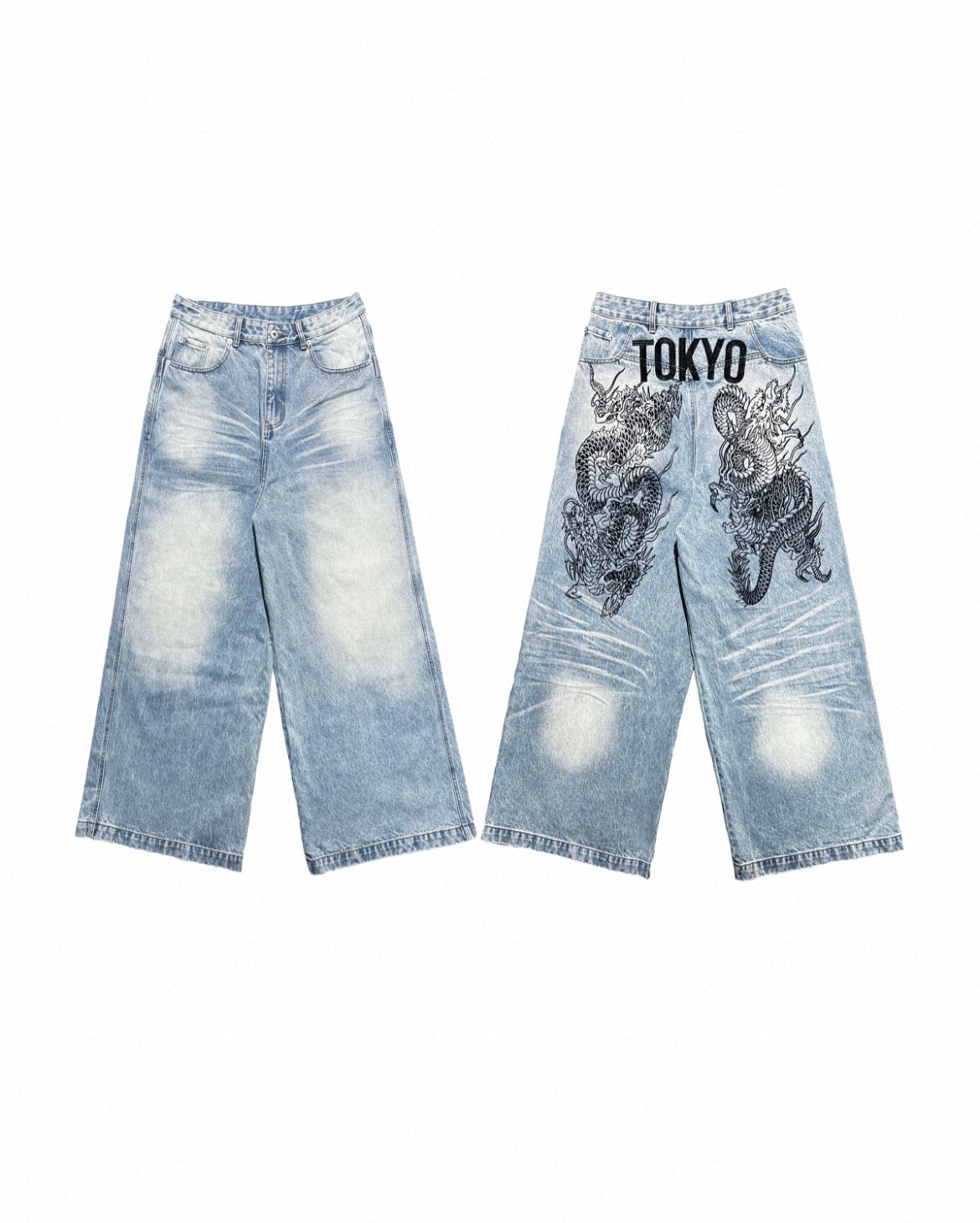 Tokyo Limited Dragon Embroidered Heavy Wash Blue Jeans