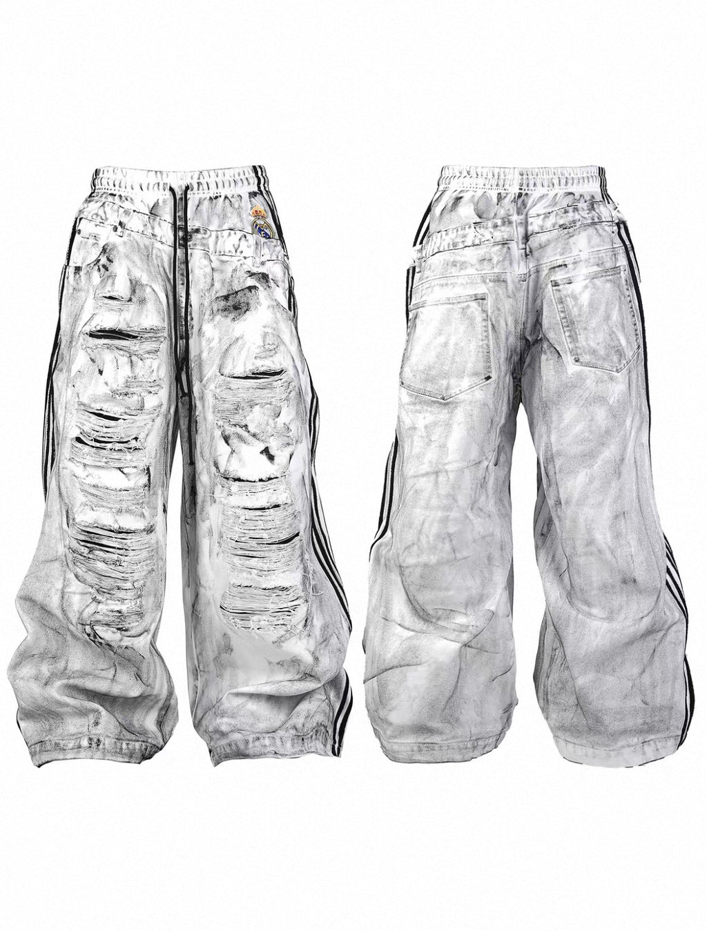 Hooligan Dirty Washed Destroyed Mesh Stripe Baggy Double Seam White Canvas Wide Leg Pants