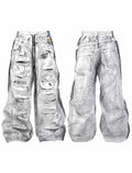 Hooligan Dirty Washed Destroyed Mesh Stripe Baggy Double Seam White Canvas Wide Leg Pants