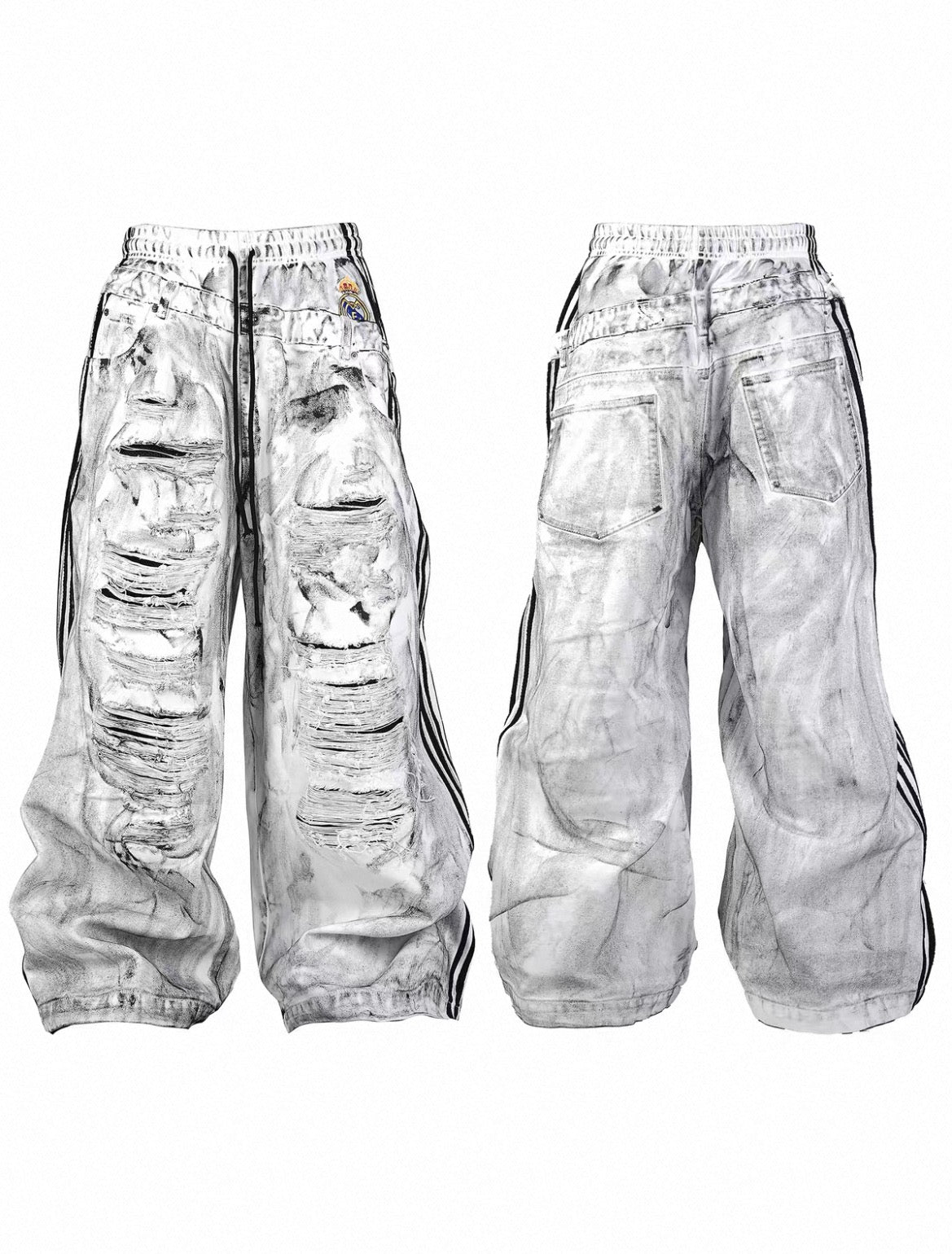 Hooligan Dirty Washed Destroyed Mesh Stripe Baggy Double Seam White Canvas Wide Leg Pants