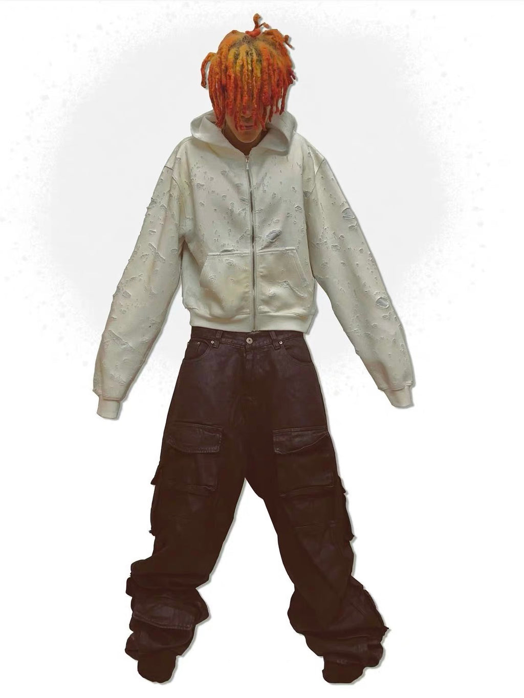 Full Distressed Smoke Wash Zip Up Slim Fit Hooded Jacket