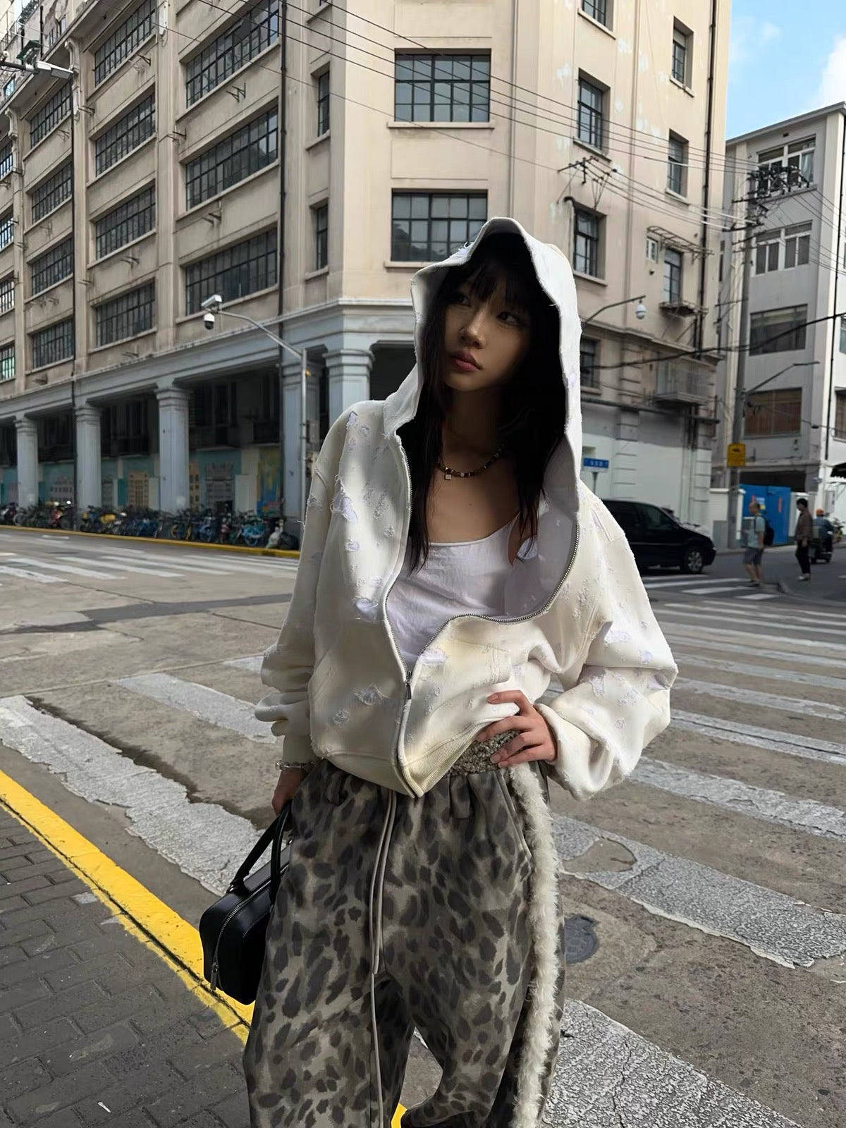 Full Distressed Smoke Wash Zip Up Slim Fit Hooded Jacket