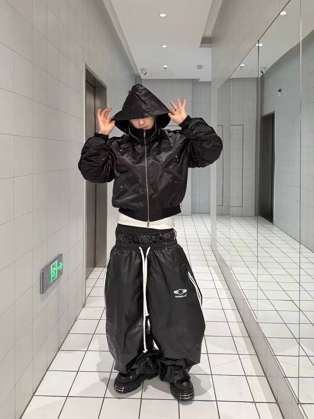 Gloss Coated Lightweight Track Pants with Side Logo Tape & Double Waistband Zipper