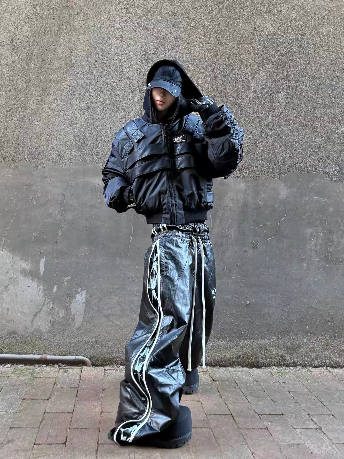 Gloss Coated Lightweight Track Pants with Side Logo Tape & Double Waistband Zipper